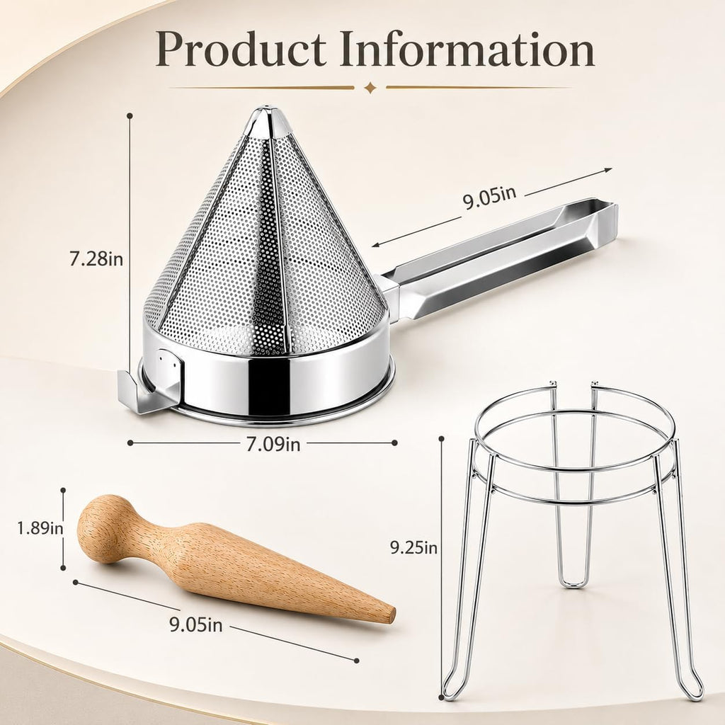 Chinois Strainer Set with Stand & Pestle, China Cap Strainer for Sauces