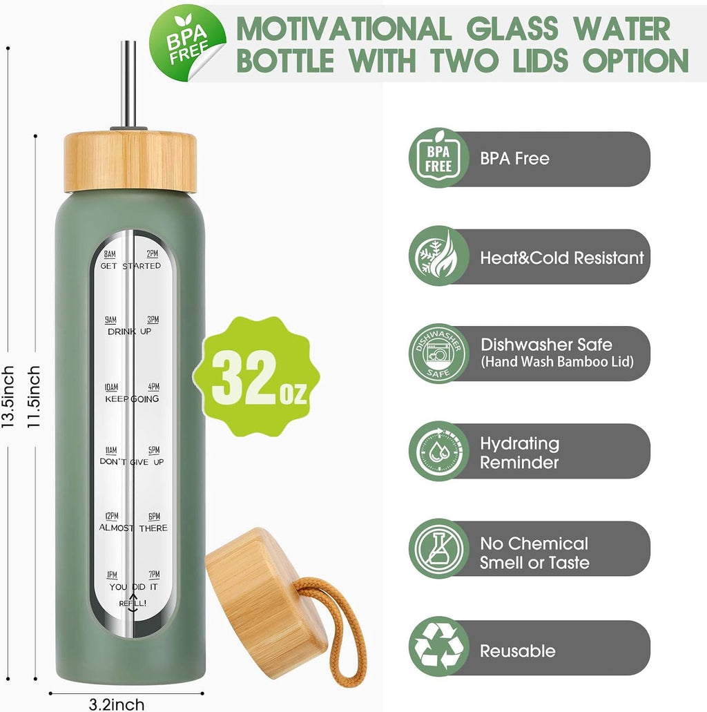 32 oz Glass Water Bottle with Straw - Motivational Time Marker & Silicone Sleeve - Reusable Tumbler Includes 2 Bamboo