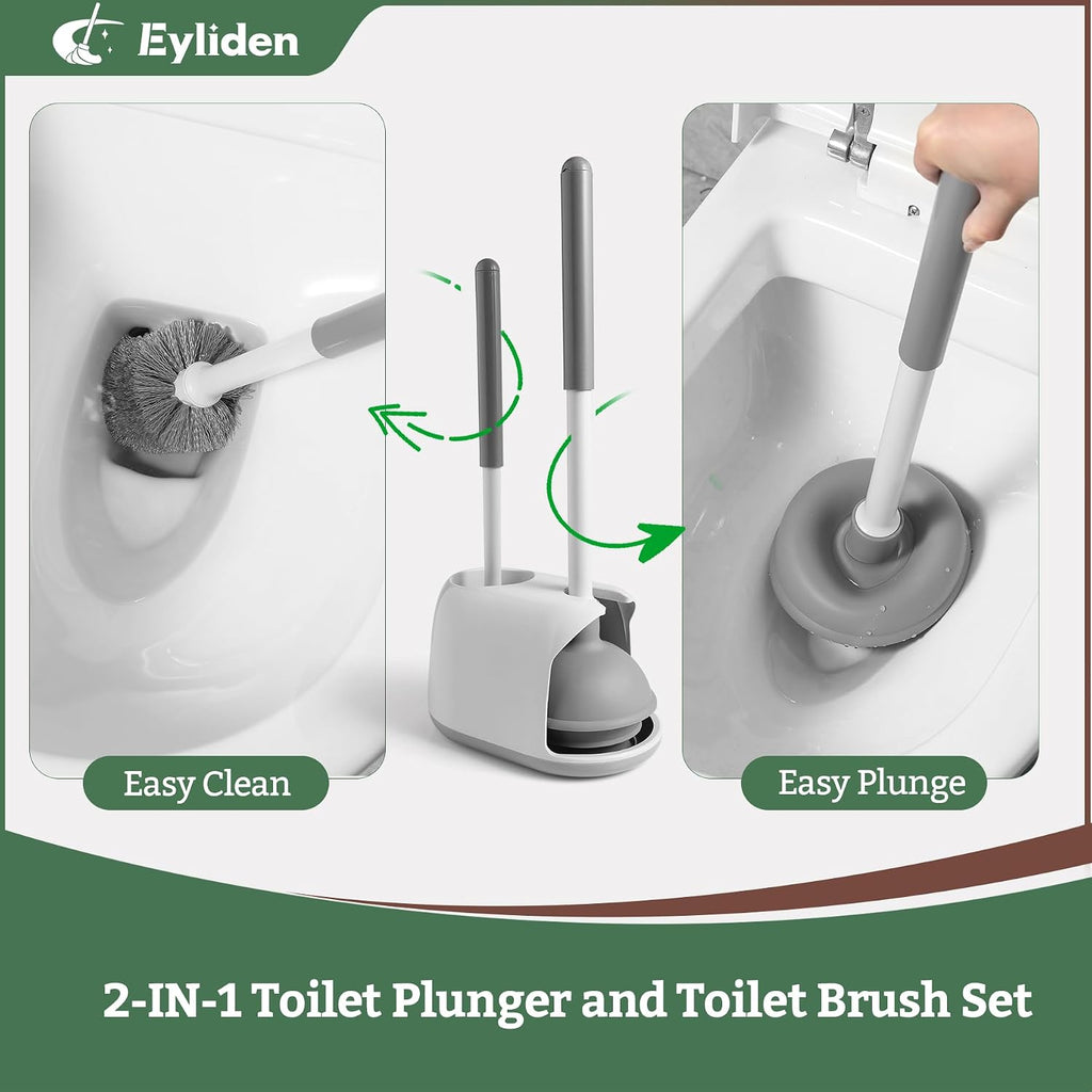 Toilet Plunger & Brush Set, 3-Step Suction Cup, Compact Caddy | Space-Saving Toilet Deep Cleaning Combo with Holder