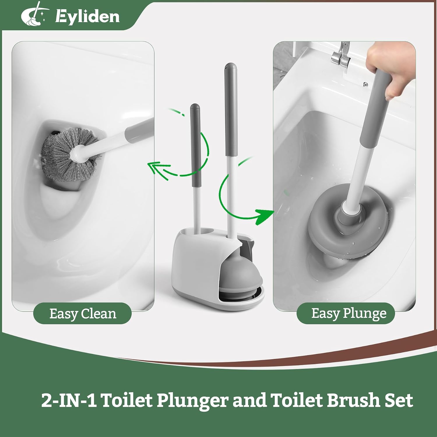 Toilet Plunger & Brush Set, 3-Step Suction Cup, Compact Caddy | Space-Saving Toilet Deep Cleaning Combo with Holder