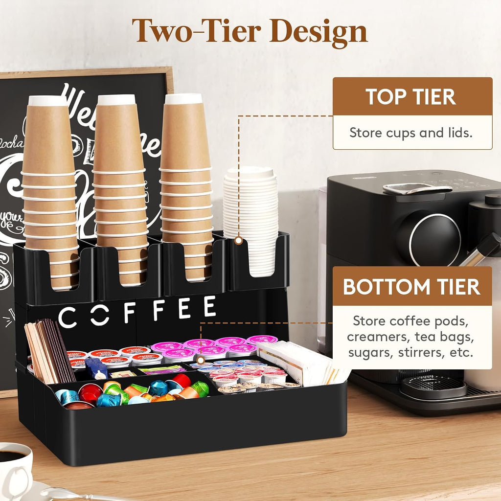 2-tier Coffee Station Organizer, 11 Compartments, Black, Plastic