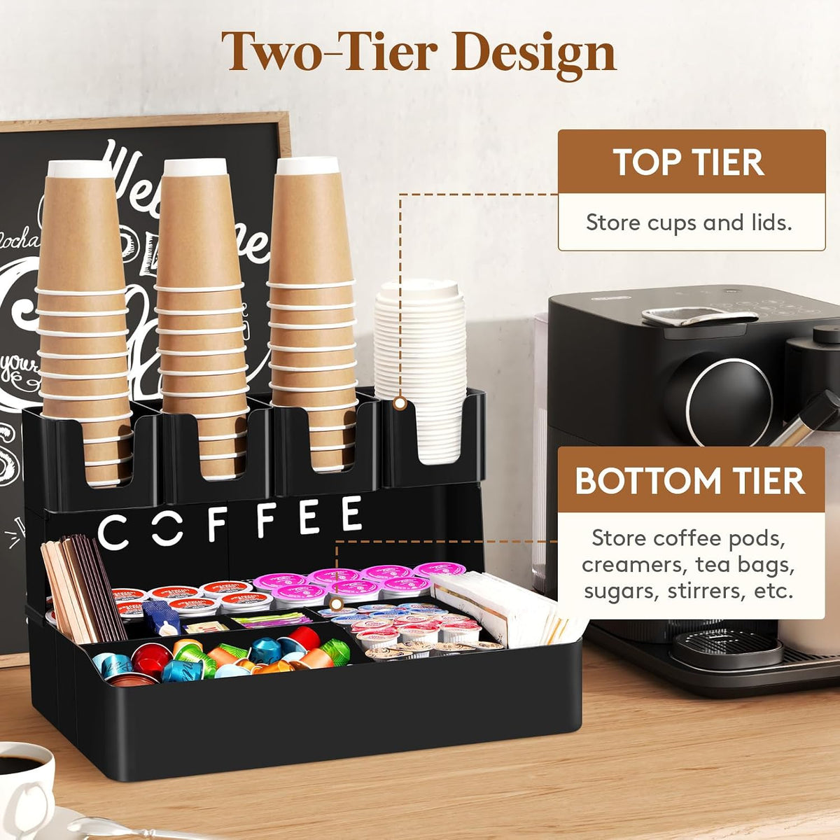 2-tier Coffee Station Organizer, 11 Compartments, Black, Plastic