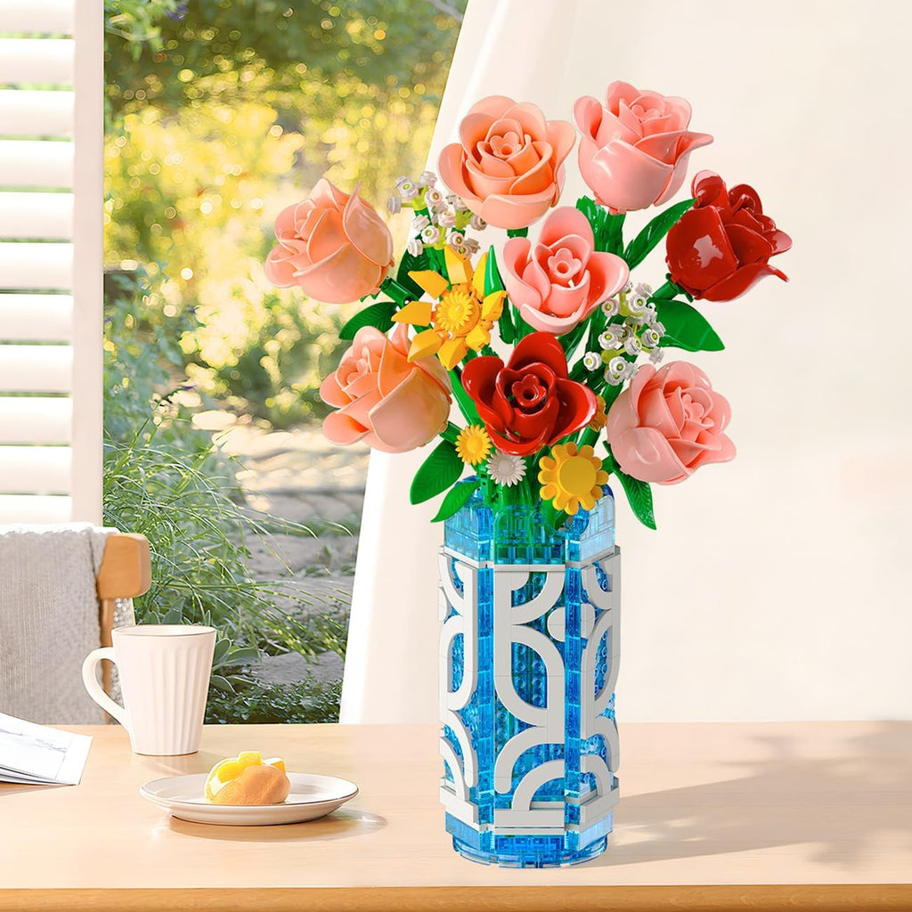 14 Flowers Bouquet Building Set with Vase & LED Light for Adults