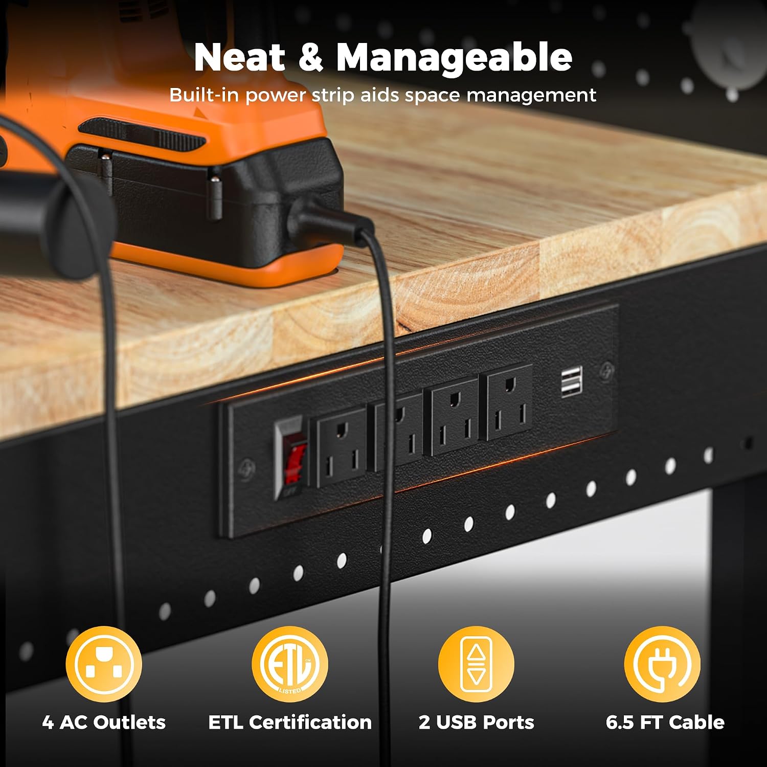 48x24 Inch Garage Work Bench with Storage, Pegboard & Power Strip | Heavy Duty Adjustable Workbench With 2000 lb