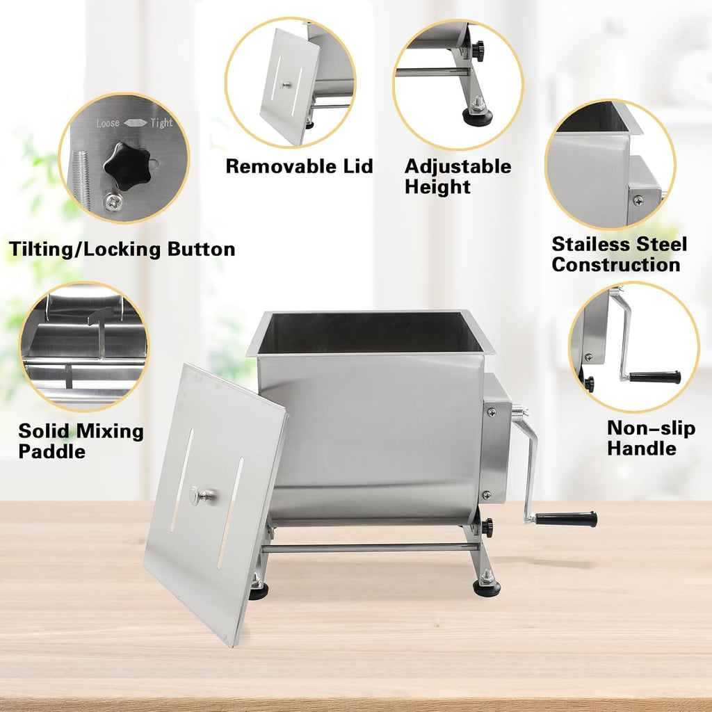 Manual Meat Mixer, 15 Pound Capacity Tilt Tank Meat Mixer for Sausage, Stainless Steel 15lbs/7.5L Sausage Mixer Food
