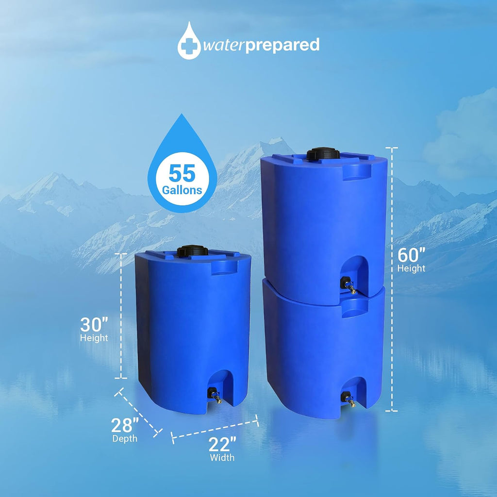 55 Gallon Unique Stackable Utility Water Tank, Blue | Emergency Water Storage Tank with Large Cap and Spigot for Easy