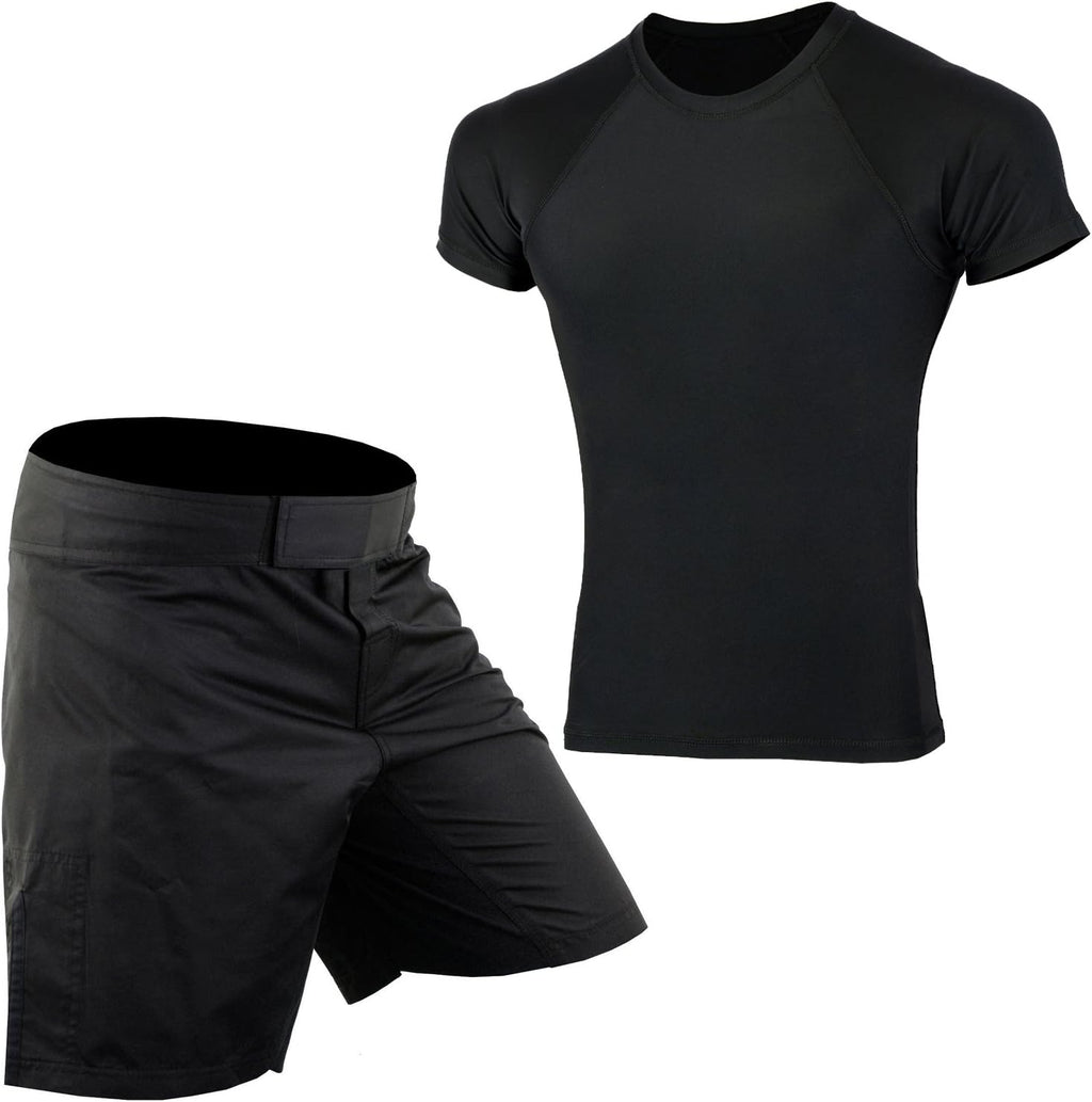 2Pcs No Gi BJJ Men Rash Guard Set, MMA Shorts Grappling Jiu Jitsu Gym Training Athletic Muay Thai Compression Set