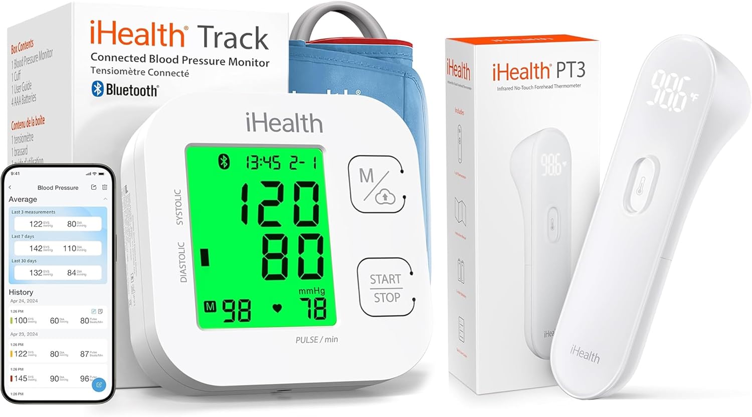 Home Health Kit — Smart Upper-Arm Blood Pressure Monitor + No-Touch Forehead Thermometer