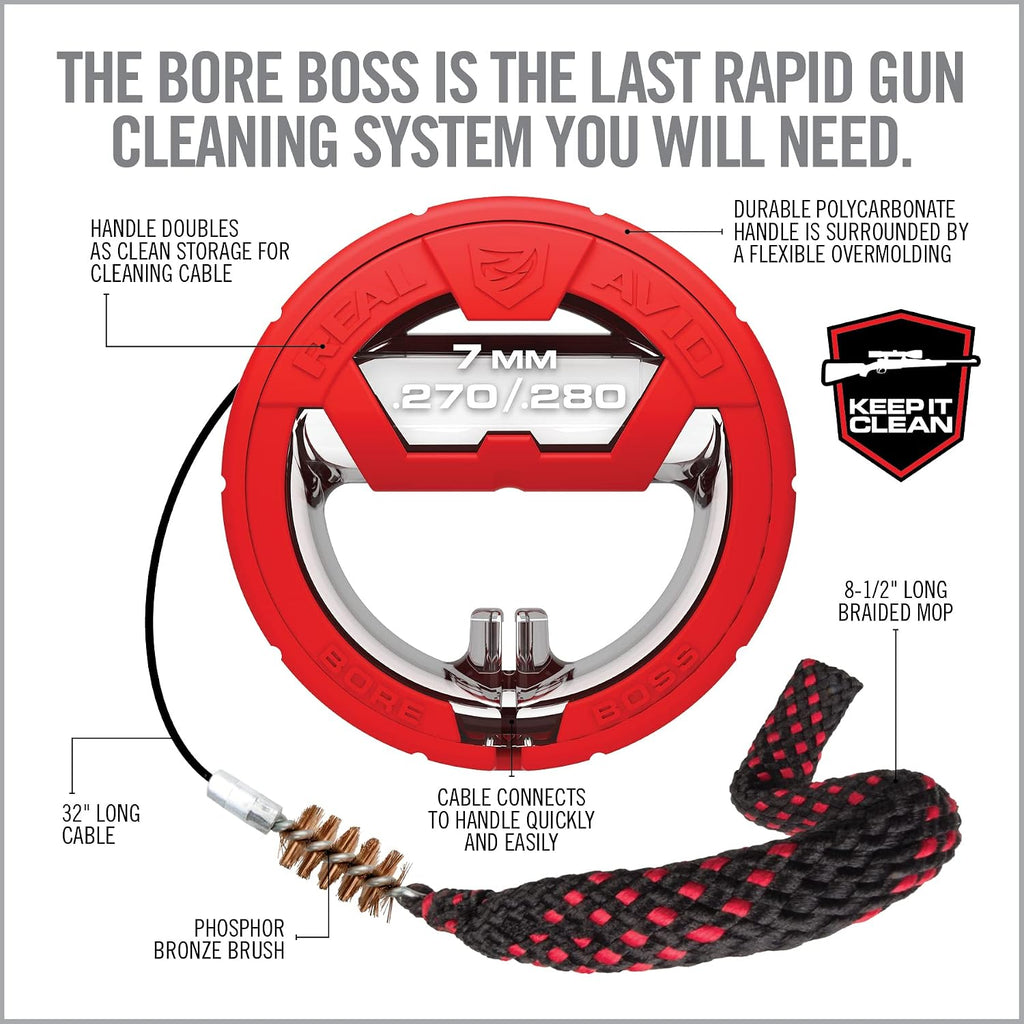 Bore Boss Gun Cleaning System - Rapid Pull Through Barrel & Bore Cleaning Cable with Integrated Brush & Mop - Choose