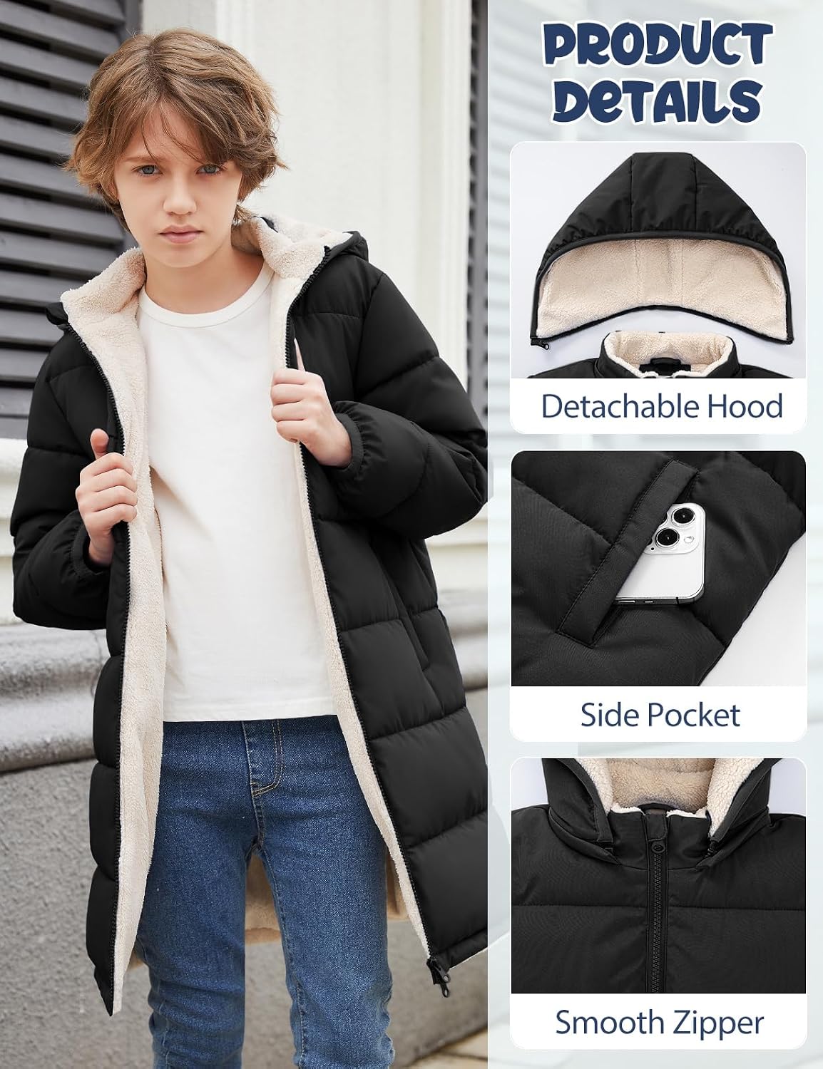 Boys Winter Coat Sherpa Lined Puffer Jacket For Kids Ages 6-15 | Long hooded design, windproof & water repellent