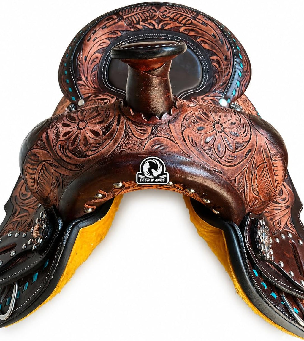 Western Leather Horse Saddle with Turquoise Floral Tooling & Tack Set