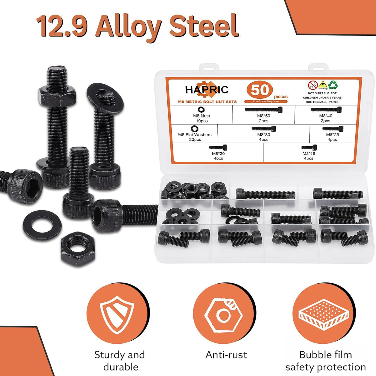 50 Pcs M8 Bolts Kit M8x 16/20/25/30/40/50 mm M8 Screw Kits
