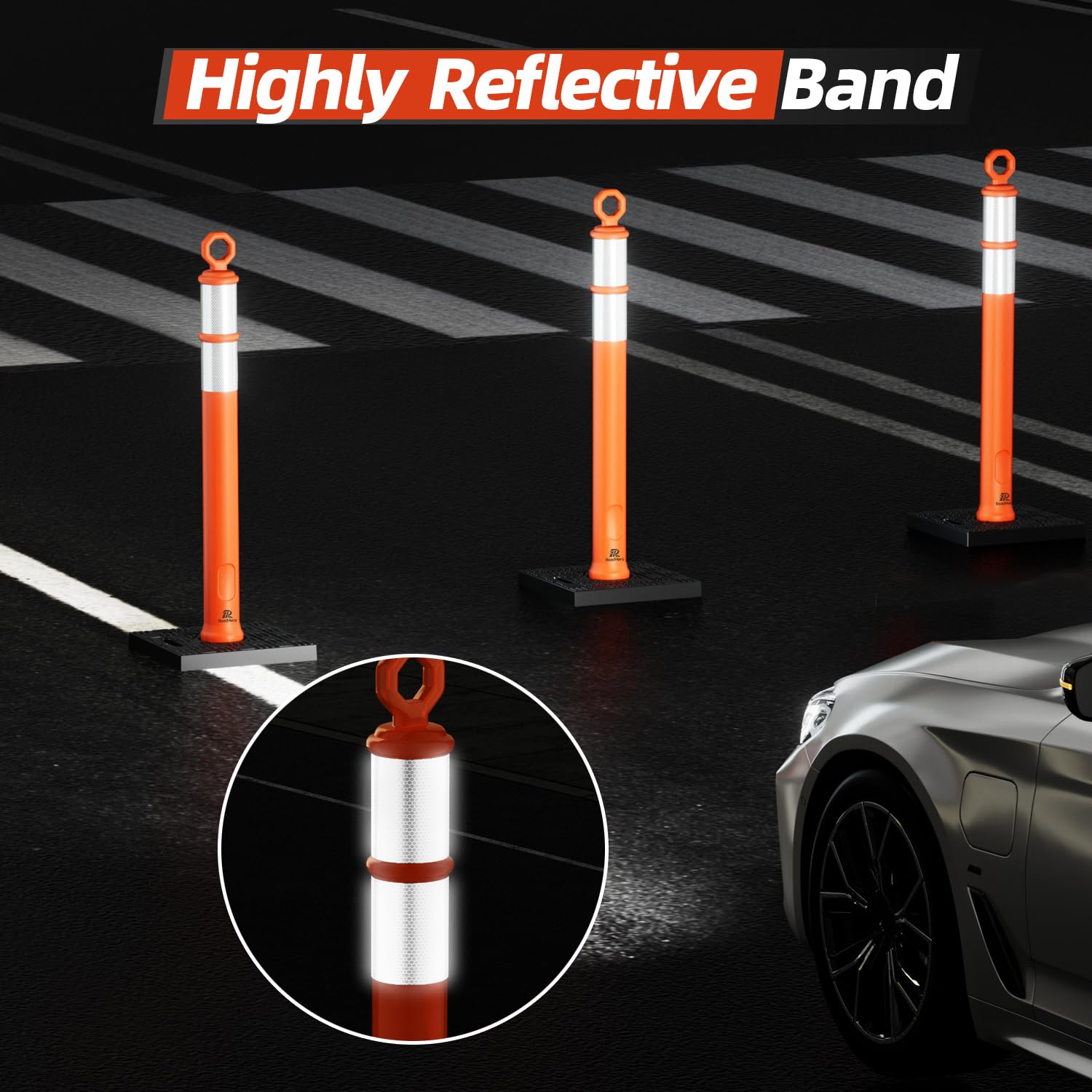 42 Inch Orange Traffic Delineator Post Cones with Base, 3 Pack | Portable Safety Traffic Posts, Reflective Collars
