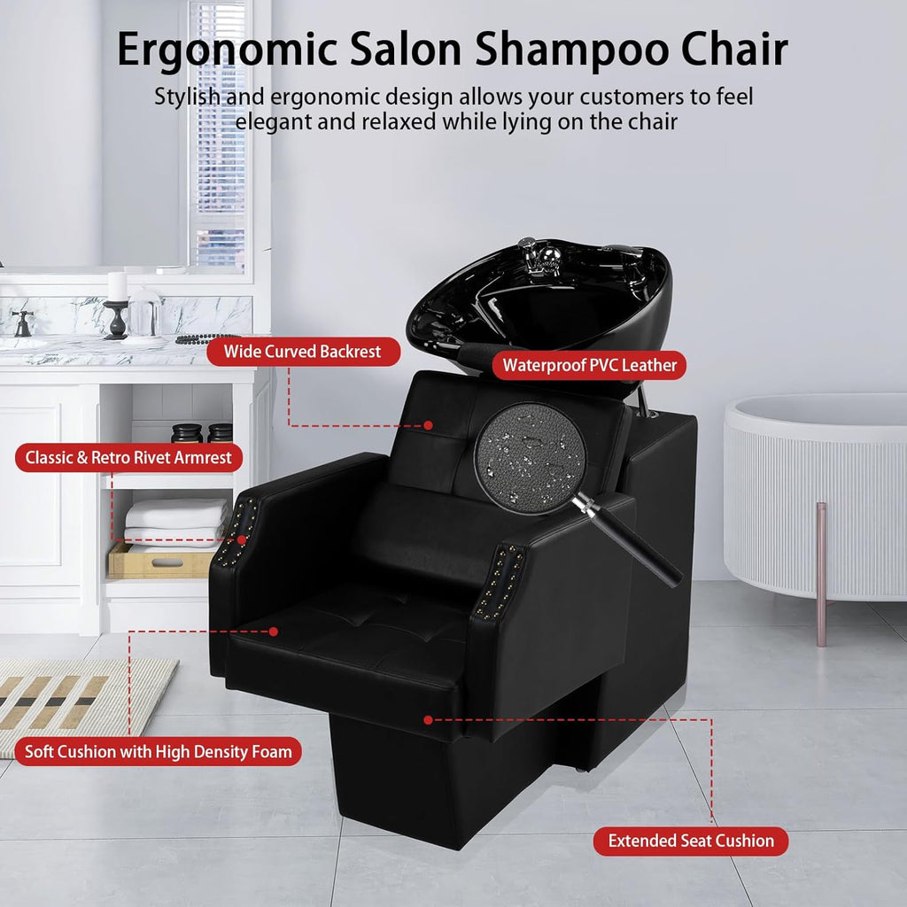 Salon Shampoo Backwash Chair Unit for Hairdressing | Large Ceramic Bowl, Adjustable Shampoo Bowl Sink, Barbershop