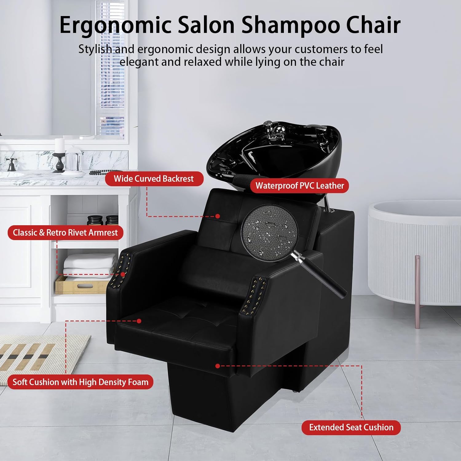 Salon Shampoo Backwash Chair Unit for Hairdressing | Large Ceramic Bowl, Adjustable Shampoo Bowl Sink, Barbershop