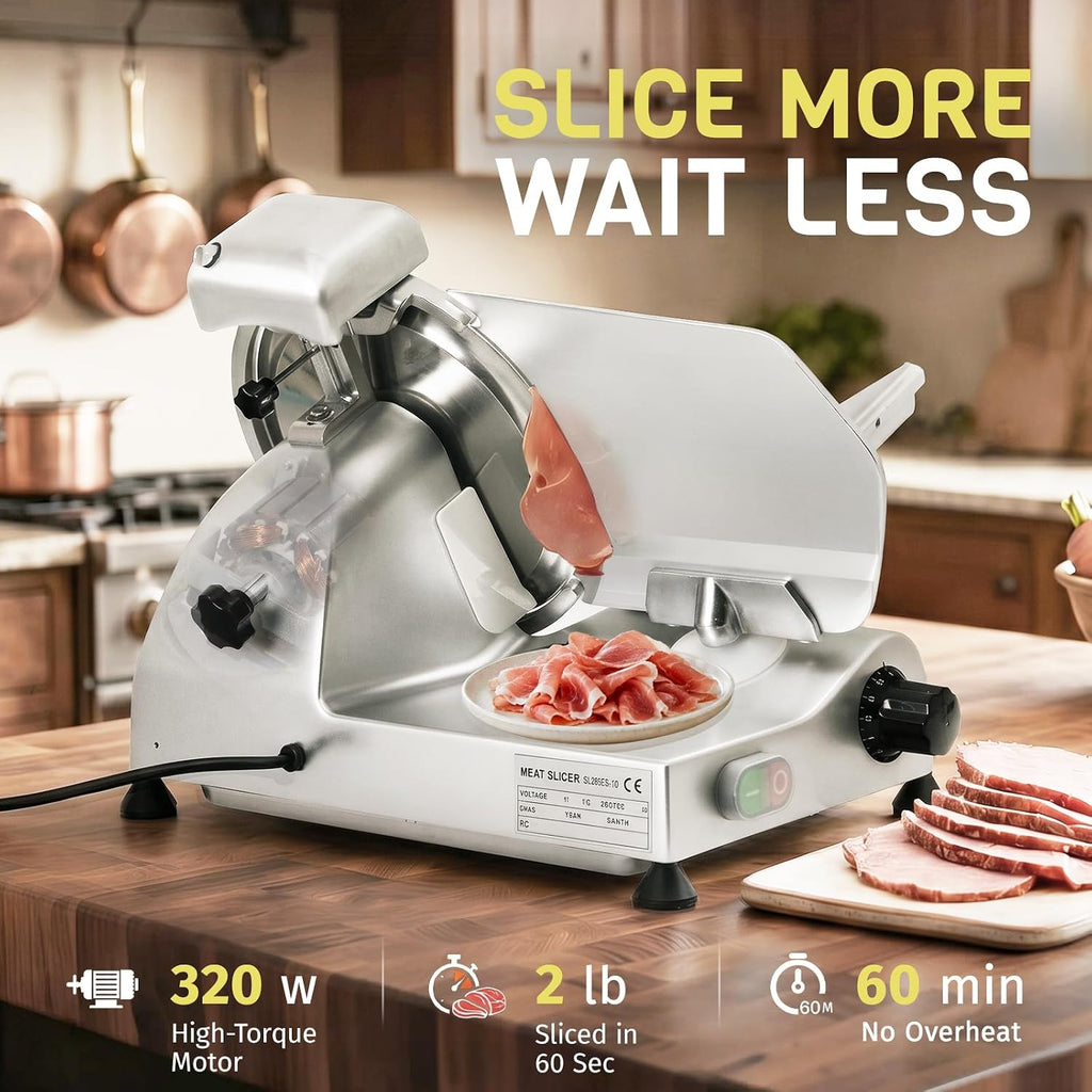 Commercial Meat Slicer 320W, 10" Blade, 1-12mm Adjustable, NSF Certified