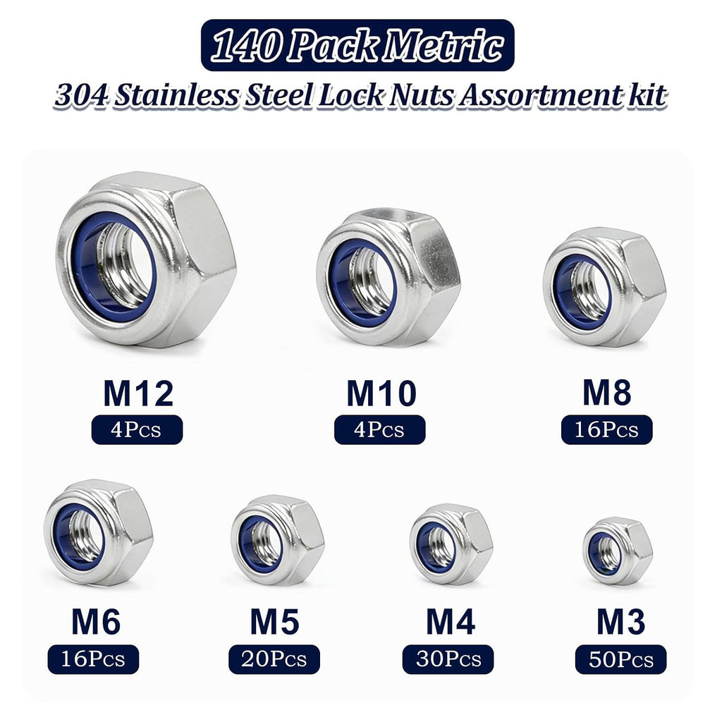 ZQZ 140 Pcs Metric Stainless Nylon Lock Nuts Assortment Kit; M3-M12 Locknut