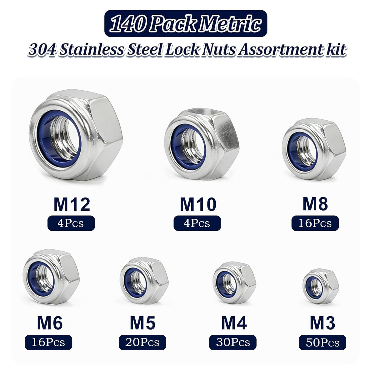 ZQZ 140 Pcs Metric Stainless Nylon Lock Nuts Assortment Kit; M3-M12 Locknut