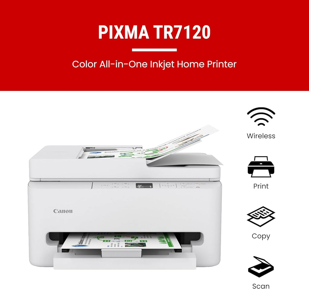 PIXMA TR7120 Wireless Color Inkjet Printer for Duplex Printing, White – Home Printer with Copier/Scanner, Auto