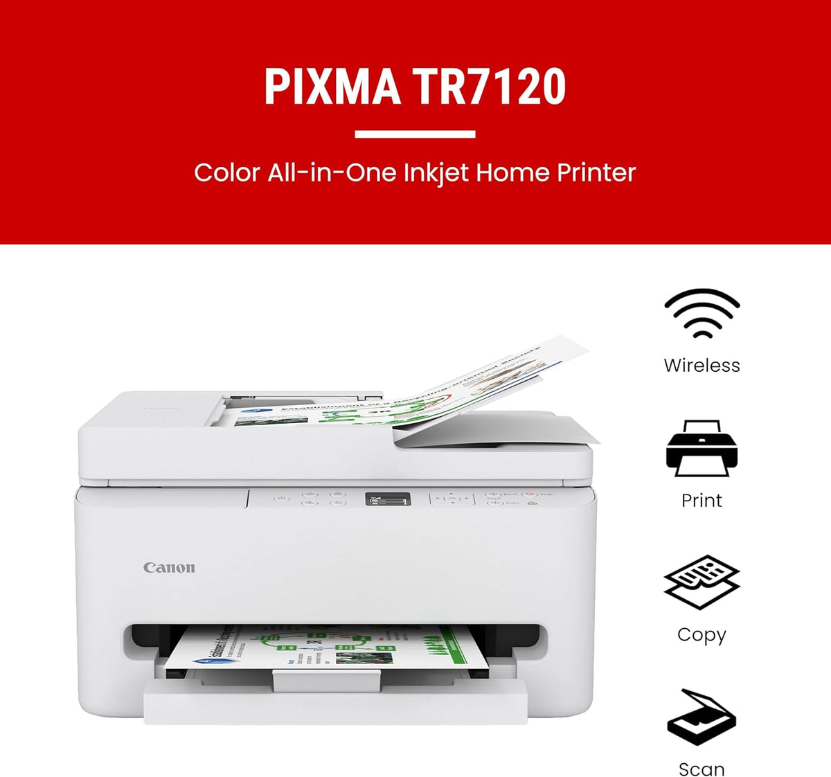 PIXMA TR7120 Wireless Color Inkjet Printer for Duplex Printing, White – Home Printer with Copier/Scanner, Auto