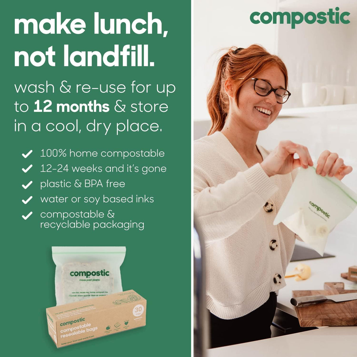 Compostable Sandwich Bags XL, 60 Ct, Resealable Zip Food Storage