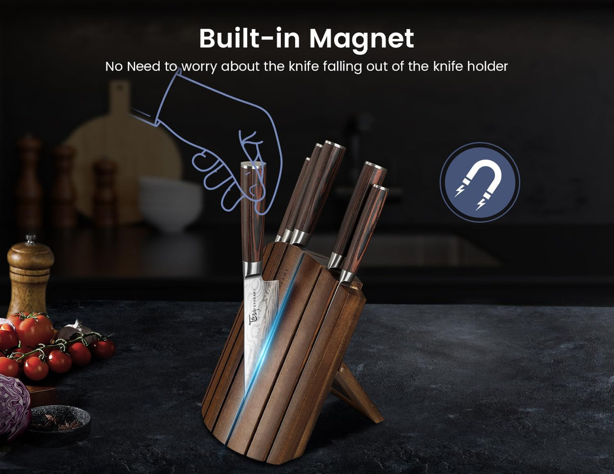 2026 Upgrade Kitchen Knife Set, Foldable Magnetic Acacia Wood Block