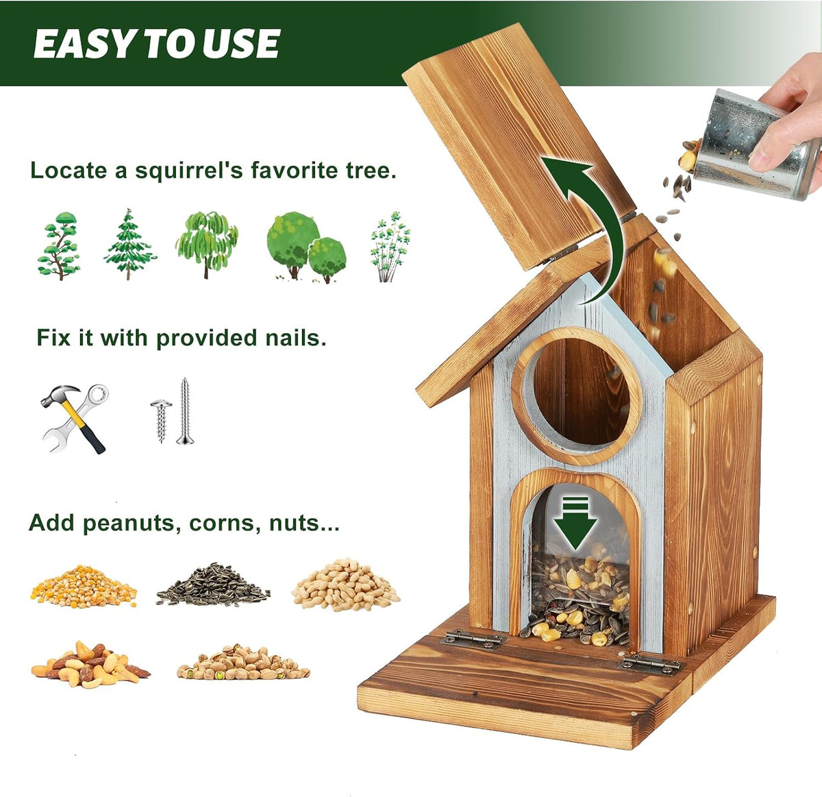 Wooden Squirrel Feeder, Large Capacity Squirrels Feeders for Outside, Sturdy Construction, No Assembly Lovely