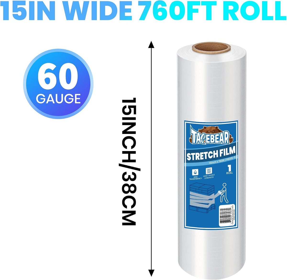 Stretch Wrap Film 15" x 760Ft Shrink Wrap Roll Industrial Strength