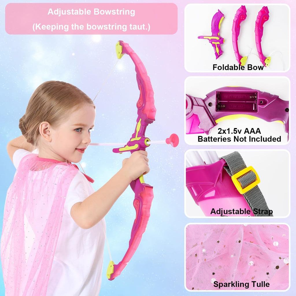 Bow and Arrow for Kids 3-8 Years Old | LED Light Up Archery Set with Princess Cape and Butterfly Mask, 10 Suction Cup