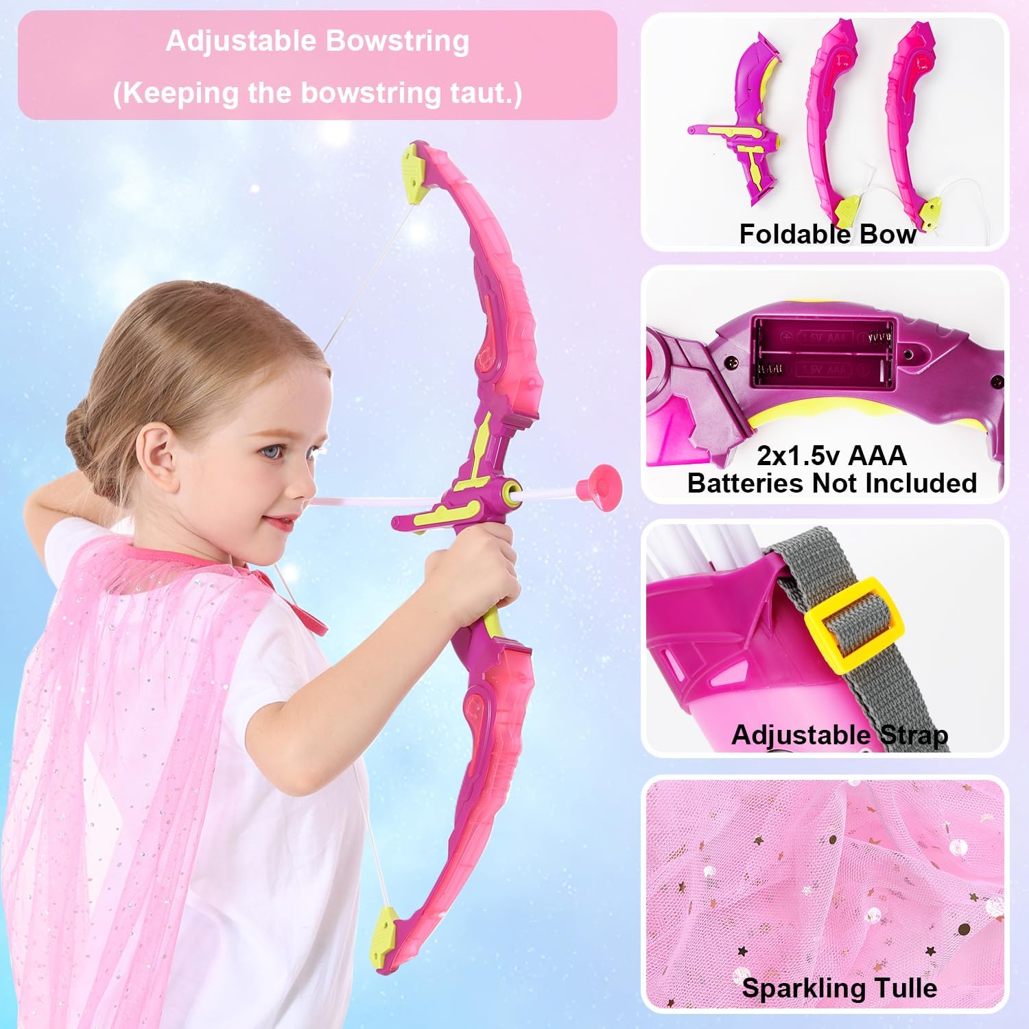 Bow and Arrow for Kids 3-8 Years Old | LED Light Up Archery Set with Princess Cape and Butterfly Mask, 10 Suction Cup