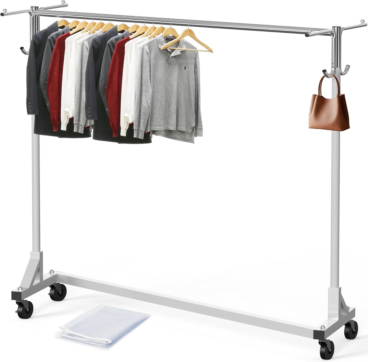 Industrial Grade Z-Base Garment Rack w/Cover Tube Bracket | 500Lb Load with 62" Extra Long Bar, Clear Cover