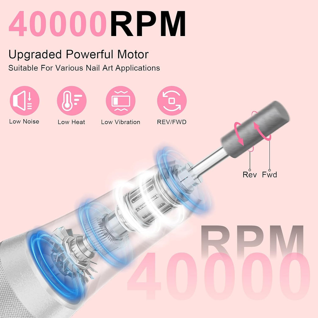 Professional Electric Nail Drill Kit, 40000RPM Rechargeable Nail File