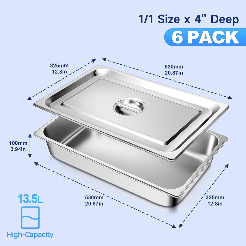 Stainless Steel Hotel Pans With Lids (6 Pack, Full Size 1/1 x 4" Deep)