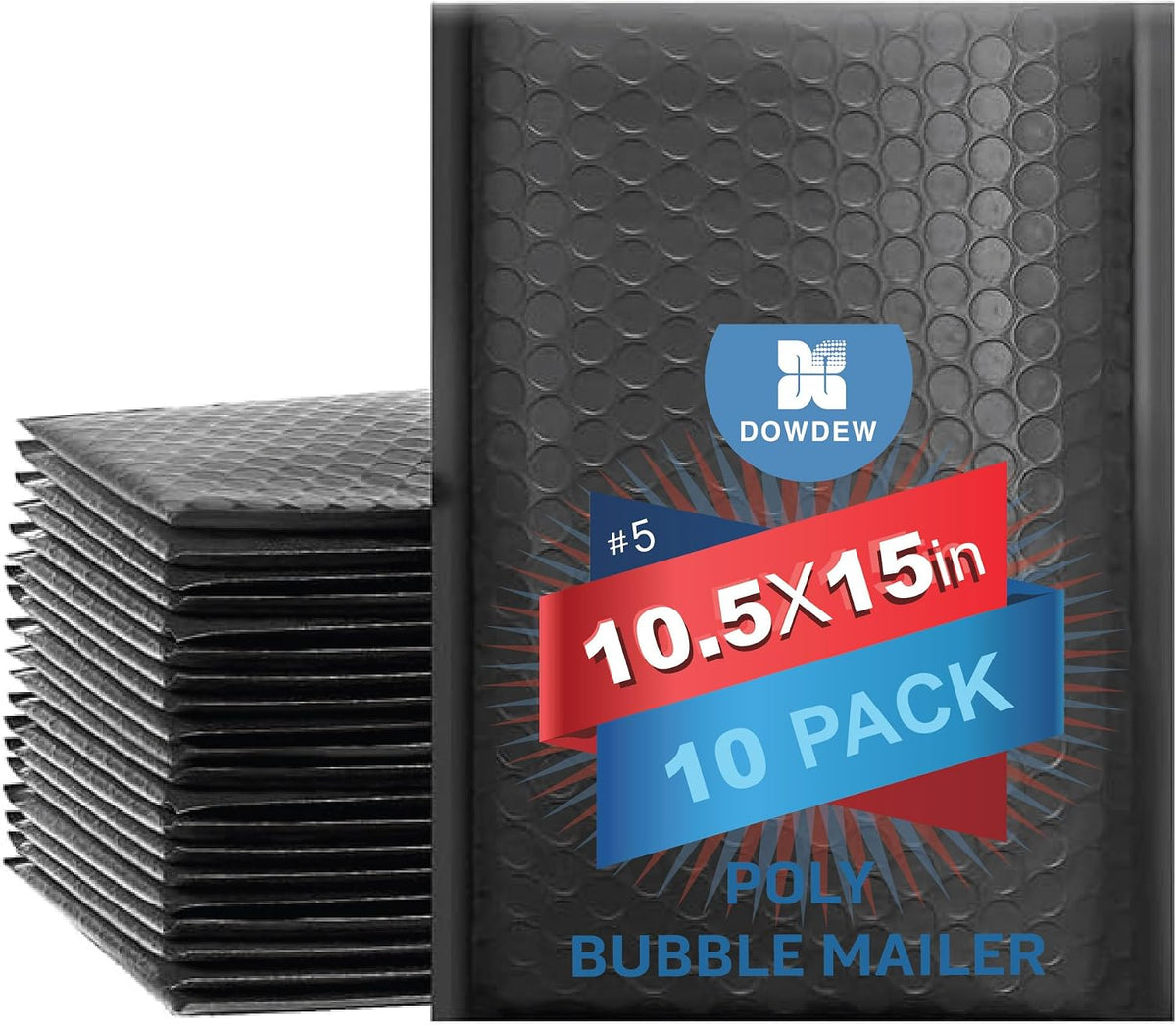 Water Resistant Bubble Envelope Mailers [10 Pack] 10.5 inch x 15 inch #5 Black Poly Padded Shipping Envelopes Self