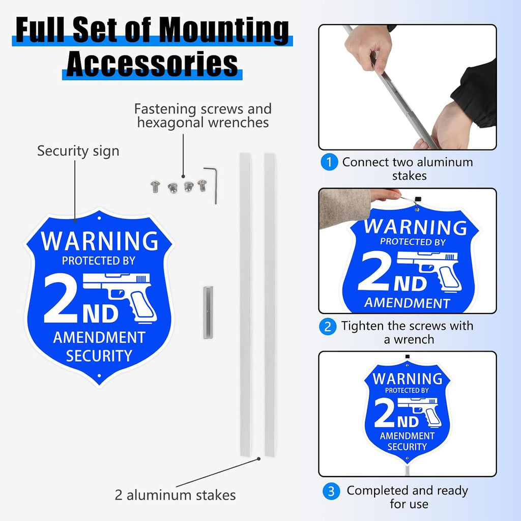 9" x 28" Protected by 2nd Amendment Home Security Sign, Shield Shape | No Trespassing Sign with Stakes, House Yard