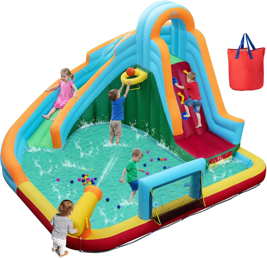 Inflatable Water Slide for Kids, 6 in 1 Water Park Bounce Castle for Backyard w/Ocean Balls, Splash Pool, Soccer