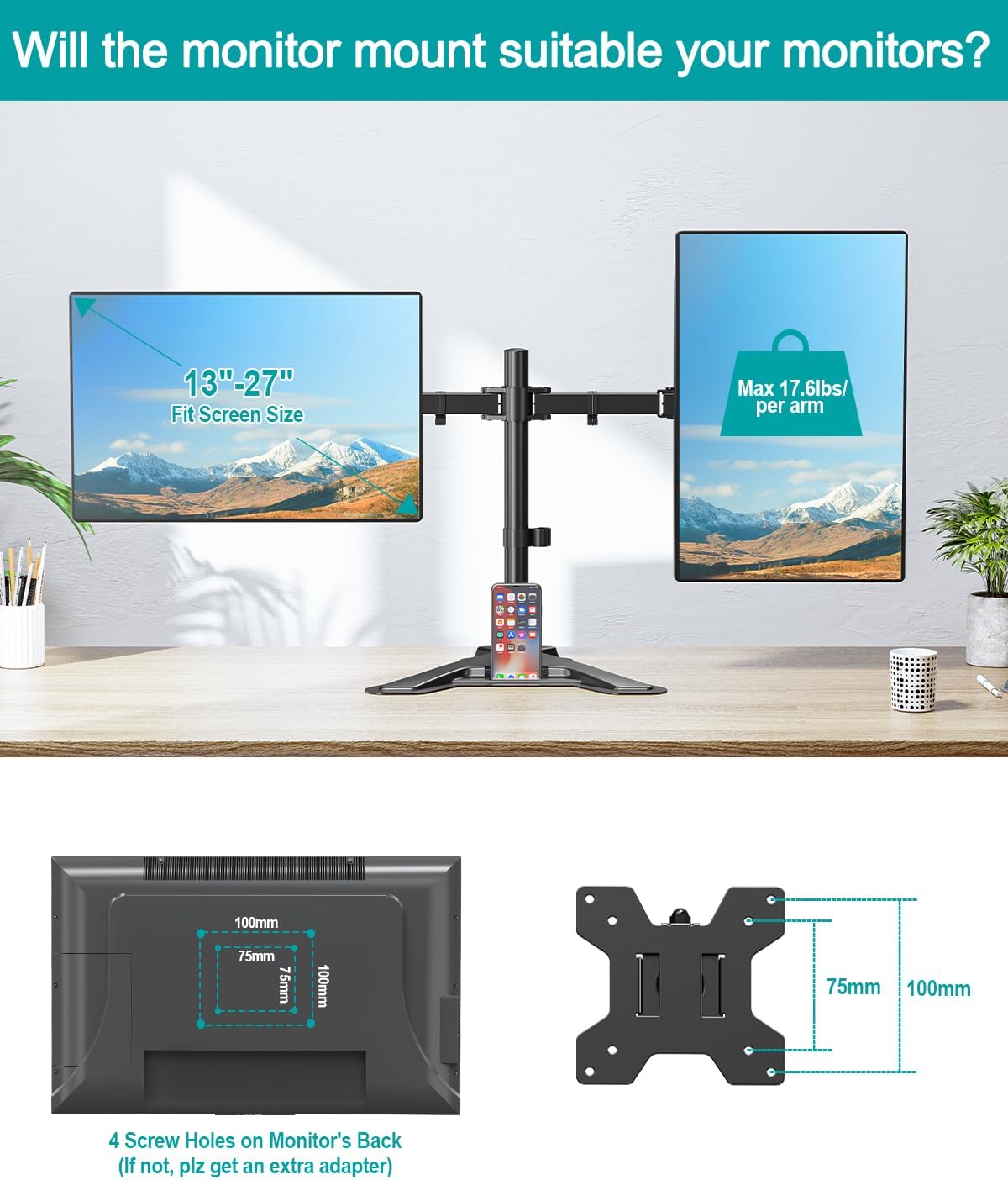 Dual Monitor Stand, Free-Standing Full Motion Monitor Desk Mount Fits 2 Screens up to 27 inches,17.6lbs with Height