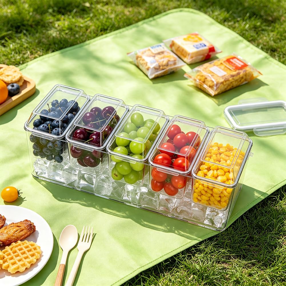 Ice Chilled Condiment Caddy, 5 Compartments with Lids and Utensils