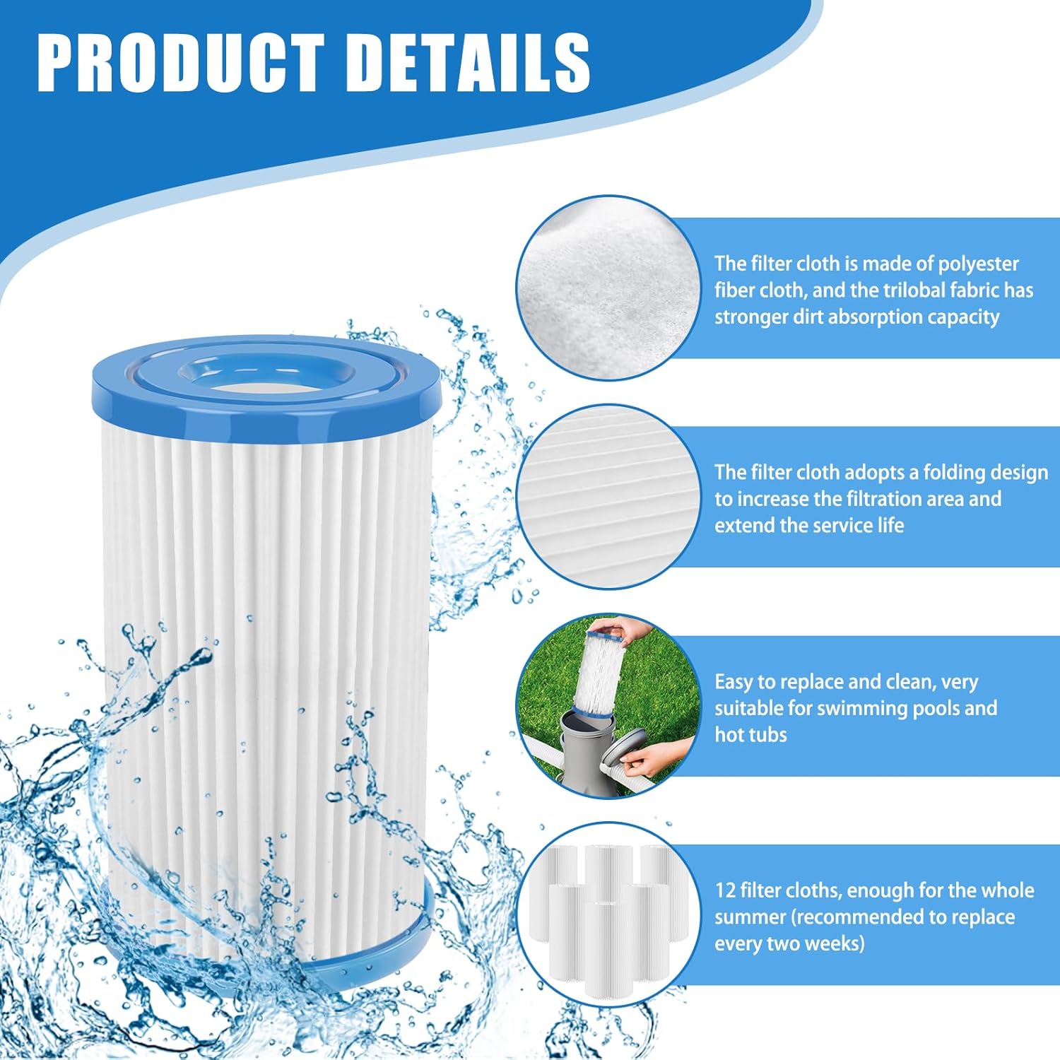Universal Pool Filter Cartridge Type A/C or III, 12 Pack Reusable Swimming Pool Filter for Above Ground Pools