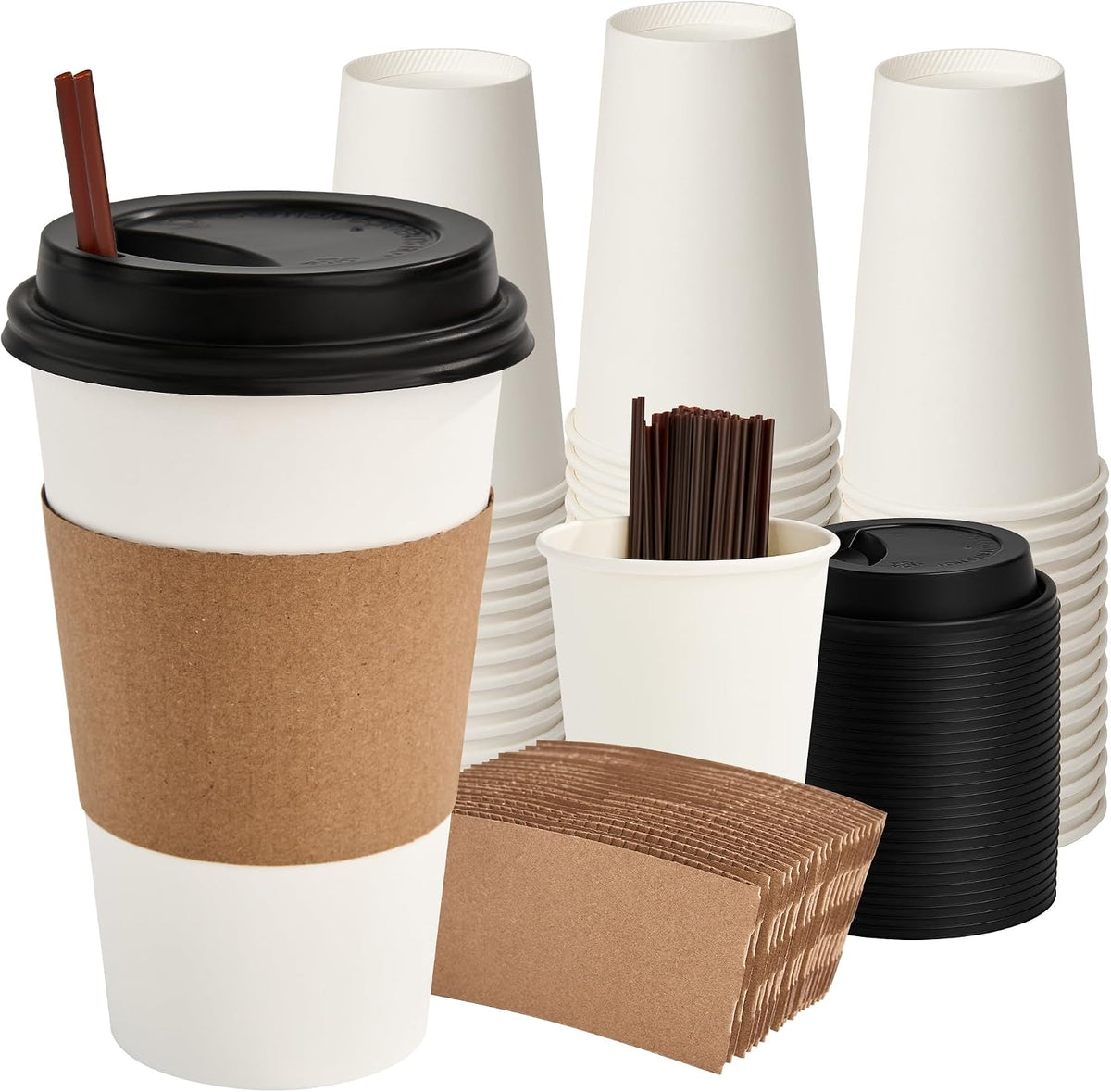 16 oz Paper Coffee Cups with Lids, Sleeves and Stirrers, 100 Pack