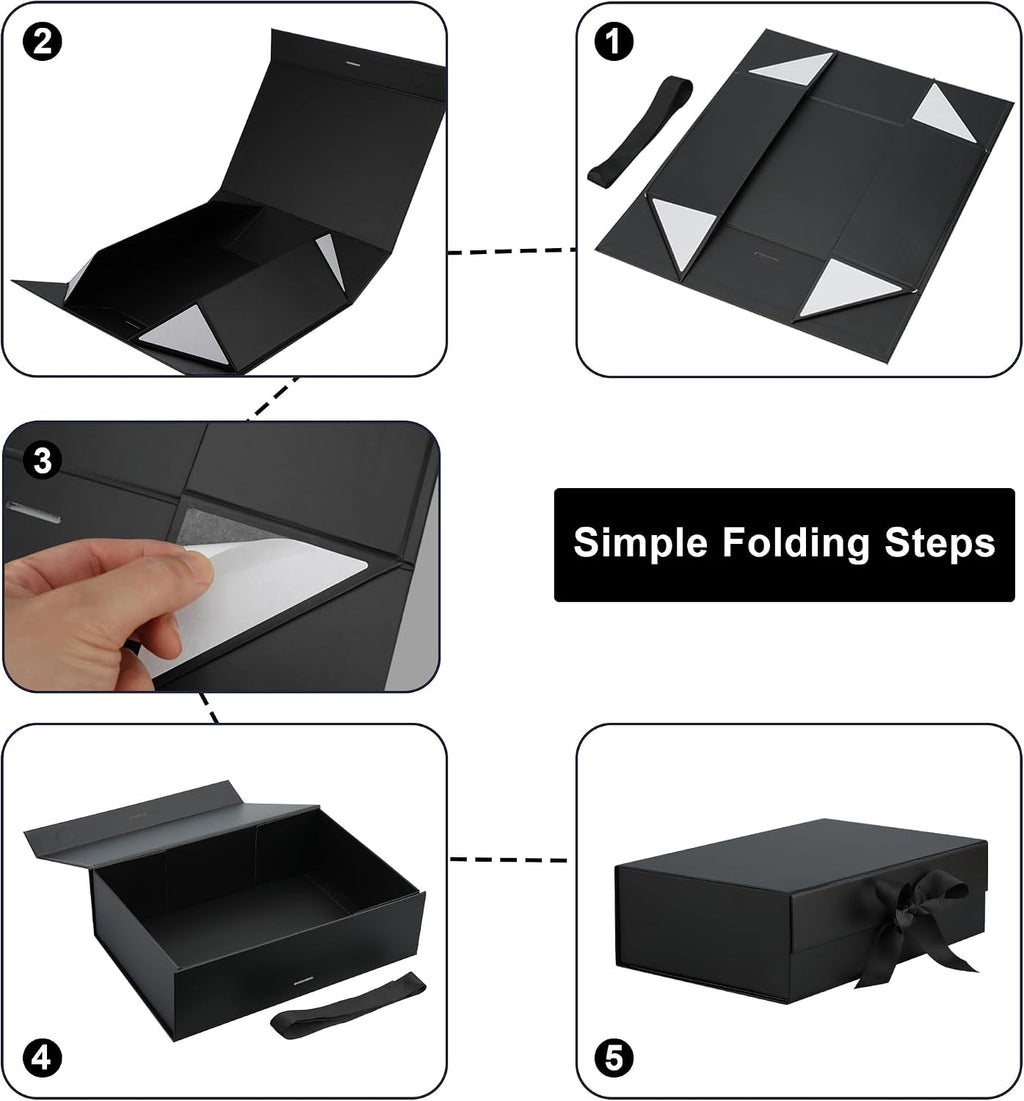 10.5"x7.5"x3" Medium Black Magnetic Gift Box with Lid Ribbon