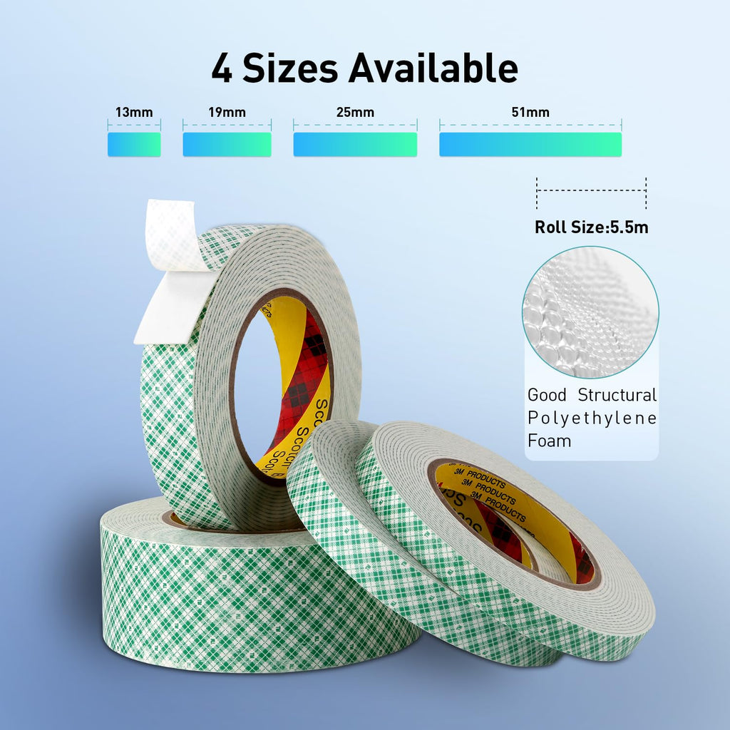 3M Double Sided Tape, 1" x 18Ft Foam Tape, 4032, Off White
