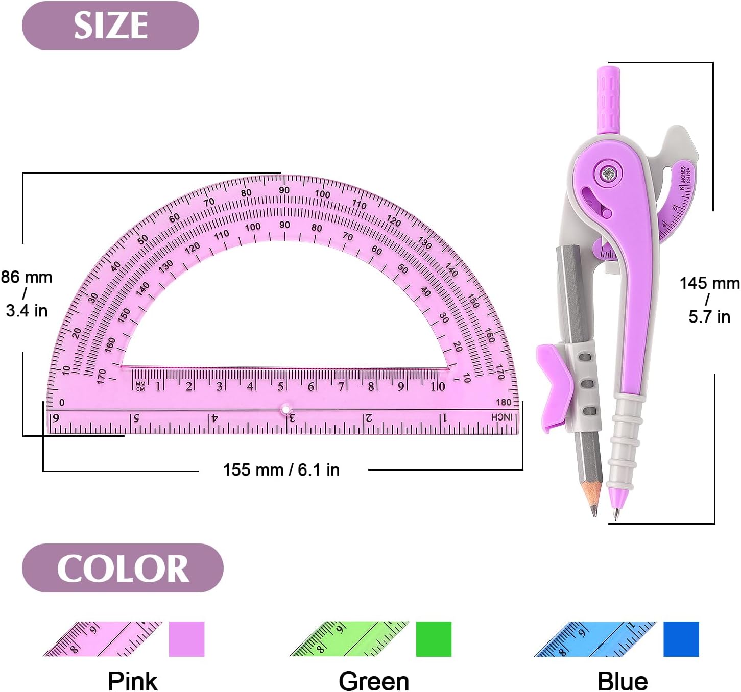 180-Degree Protractor and Compass Set 3 Colors | Precision drawing, 180° measurement, Student geometry