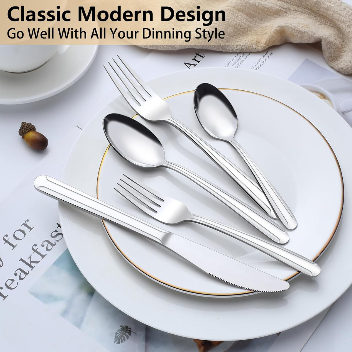 60-Pcs Silverware Set Service for 12, Premium Stainless Steel Flatware Set, Include Forks Spoons and Knives Set