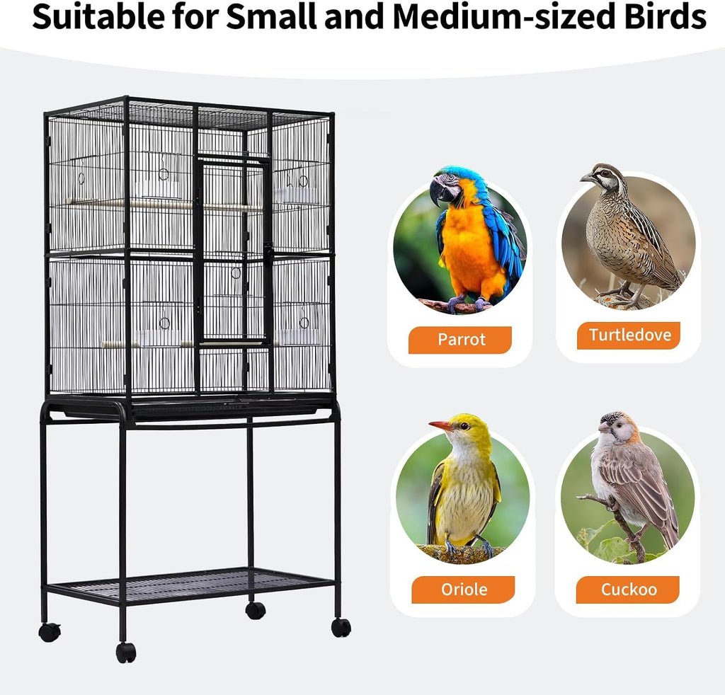 Spacious Flight Bird Cage with Rolling Stand & Storage Shelf - Durable Wrought Iron Parrot Home - Easy Clean, Ideal