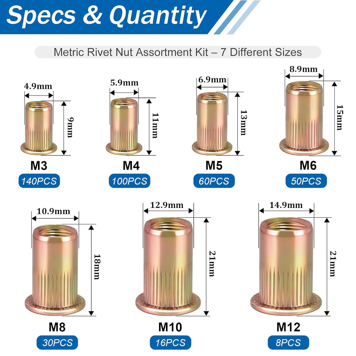 404 PCS Metric Rivet Nut Assortment Kit M3 M4 M5 M6 M8 M10 M12 Rivnut