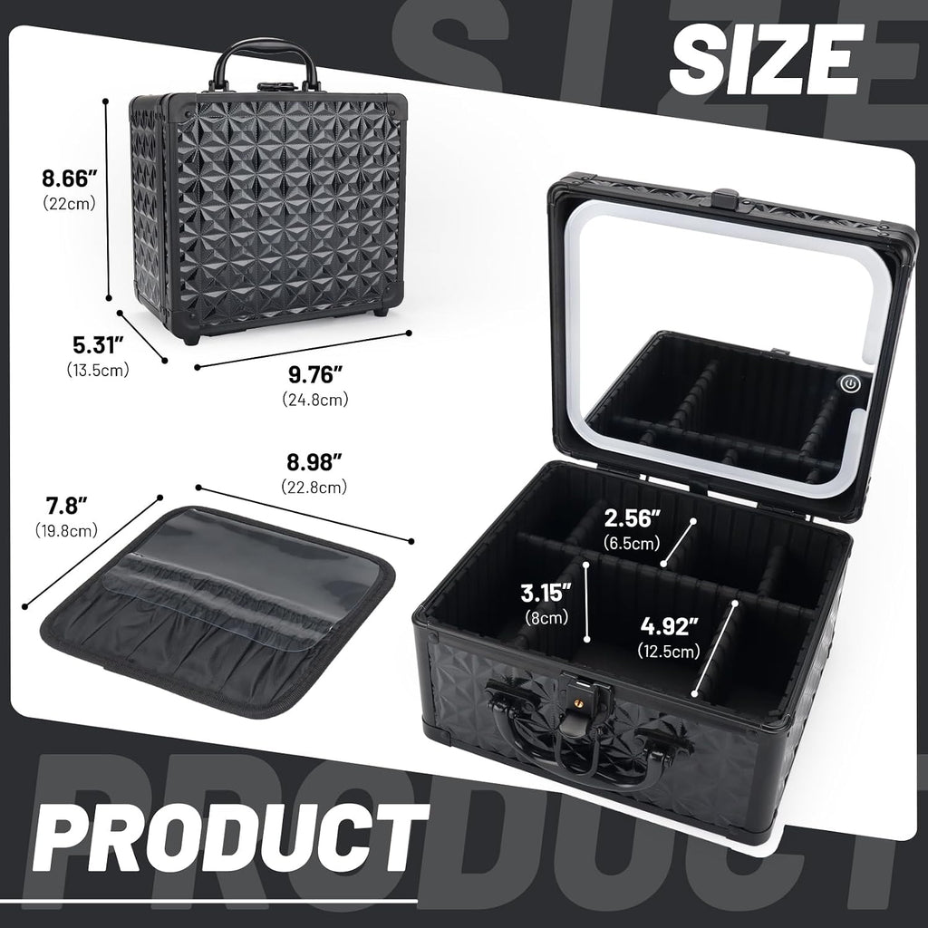 Makeup Case with LED Mirror, Portable Lockable Vanity Case, Travel Makeup Train Box for Women, Cosmetic Organizer