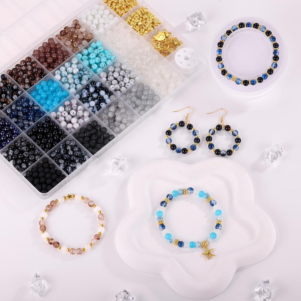 Glass Beads for Jewelry Making, 1377pcs Neutral Tones Bracelet Making Kit, 24 Colors 6mm Round Glass Beads, Marble