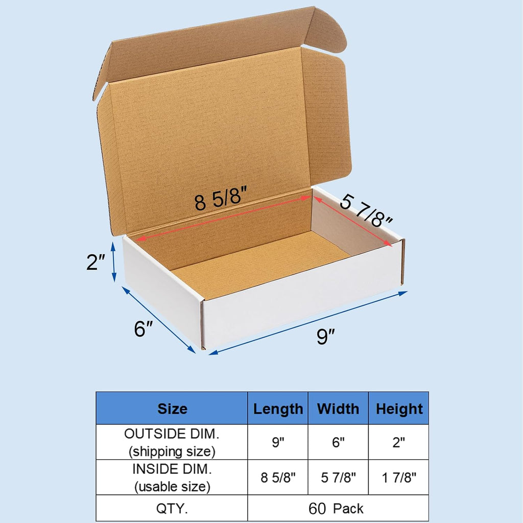Shipping Boxes 9x6x2" 60 Pack White Corrugated Cardboard Box Mailer | Small Literature Mailer Packaging Supplies