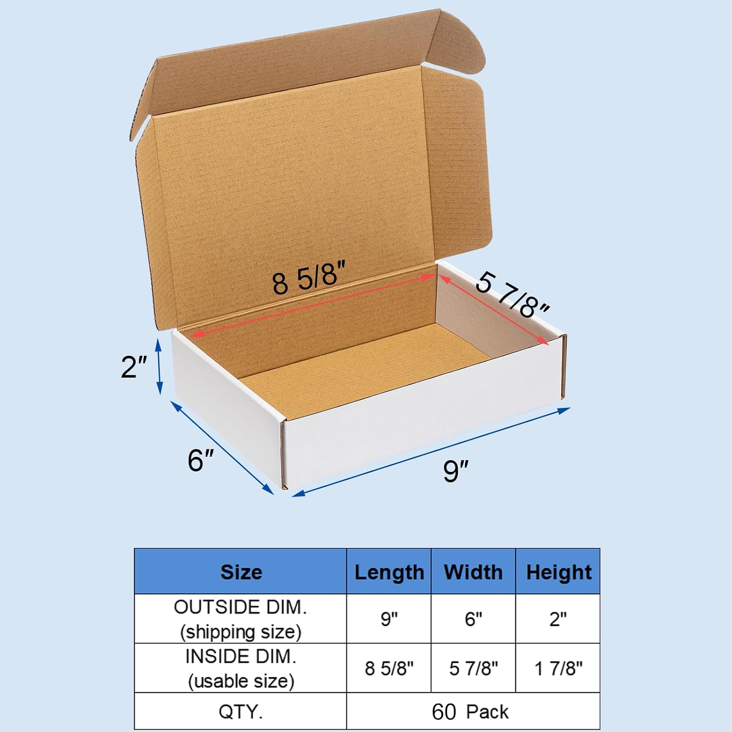 Shipping Boxes 9x6x2" 60 Pack White Corrugated Cardboard Box Mailer | Small Literature Mailer Packaging Supplies